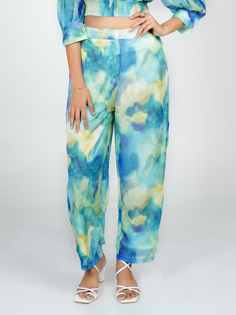 Blue Abstract Print Parallel Trouser
