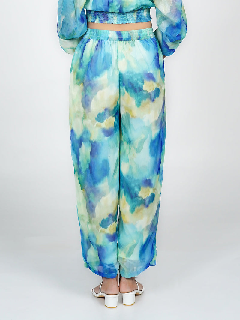 Blue Abstract Print Parallel Trouser