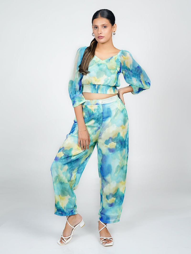 Blue Abstract Print Parallel Trouser