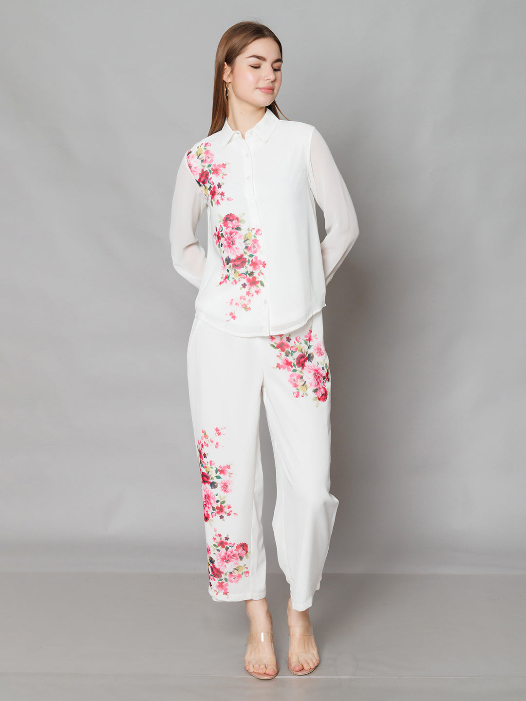 White Floral Print Straight Fit Trouser