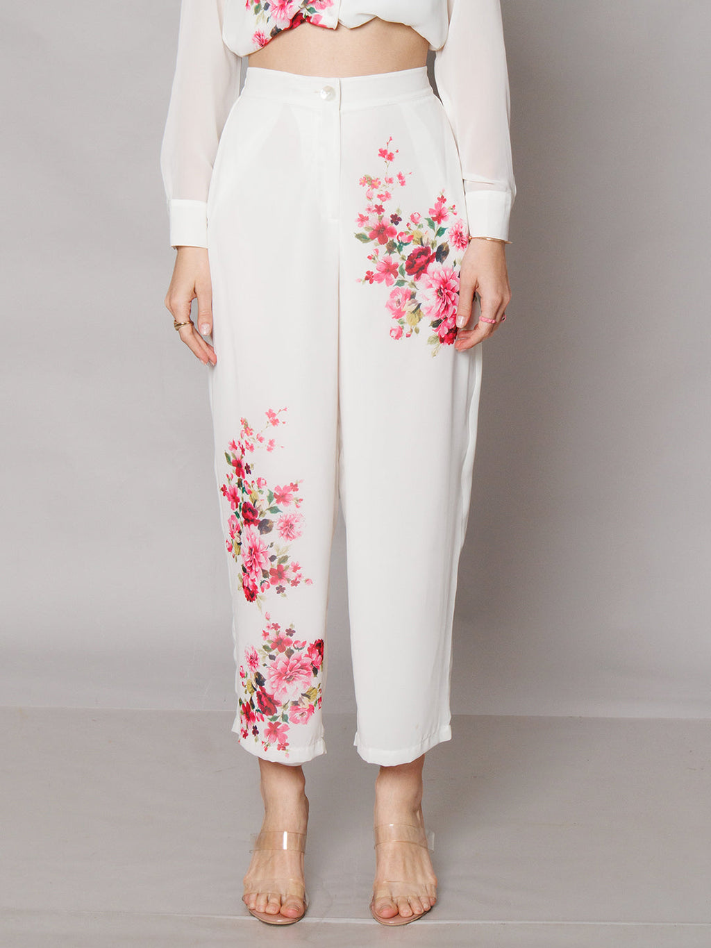 White Floral Print Straight Fit Trouser