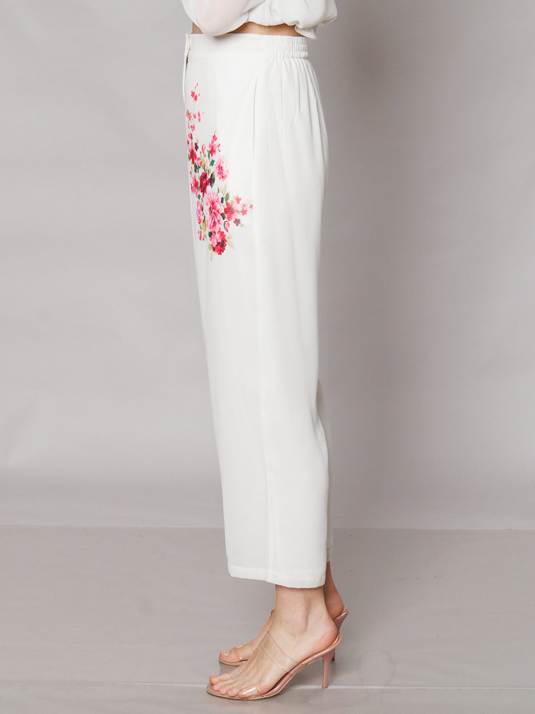 White Floral Print Straight Fit Trouser