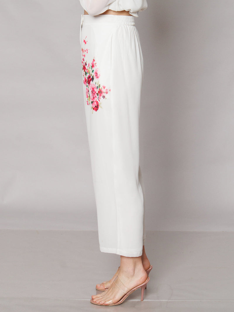 White Floral Print Straight Fit Trouser