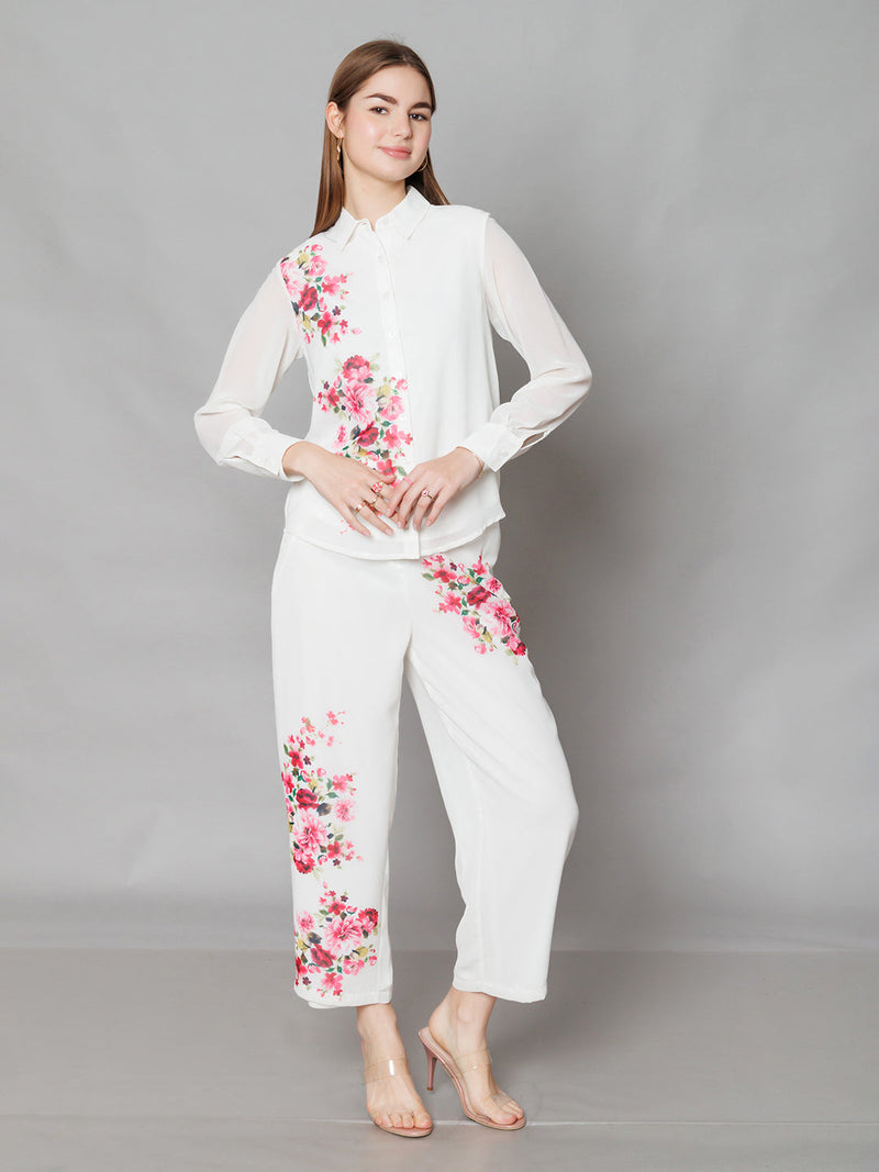 White Floral Print Straight Fit Trouser
