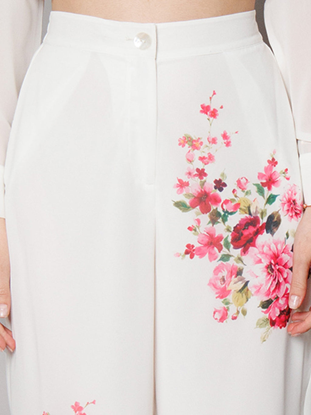 White Floral Print Straight Fit Trouser