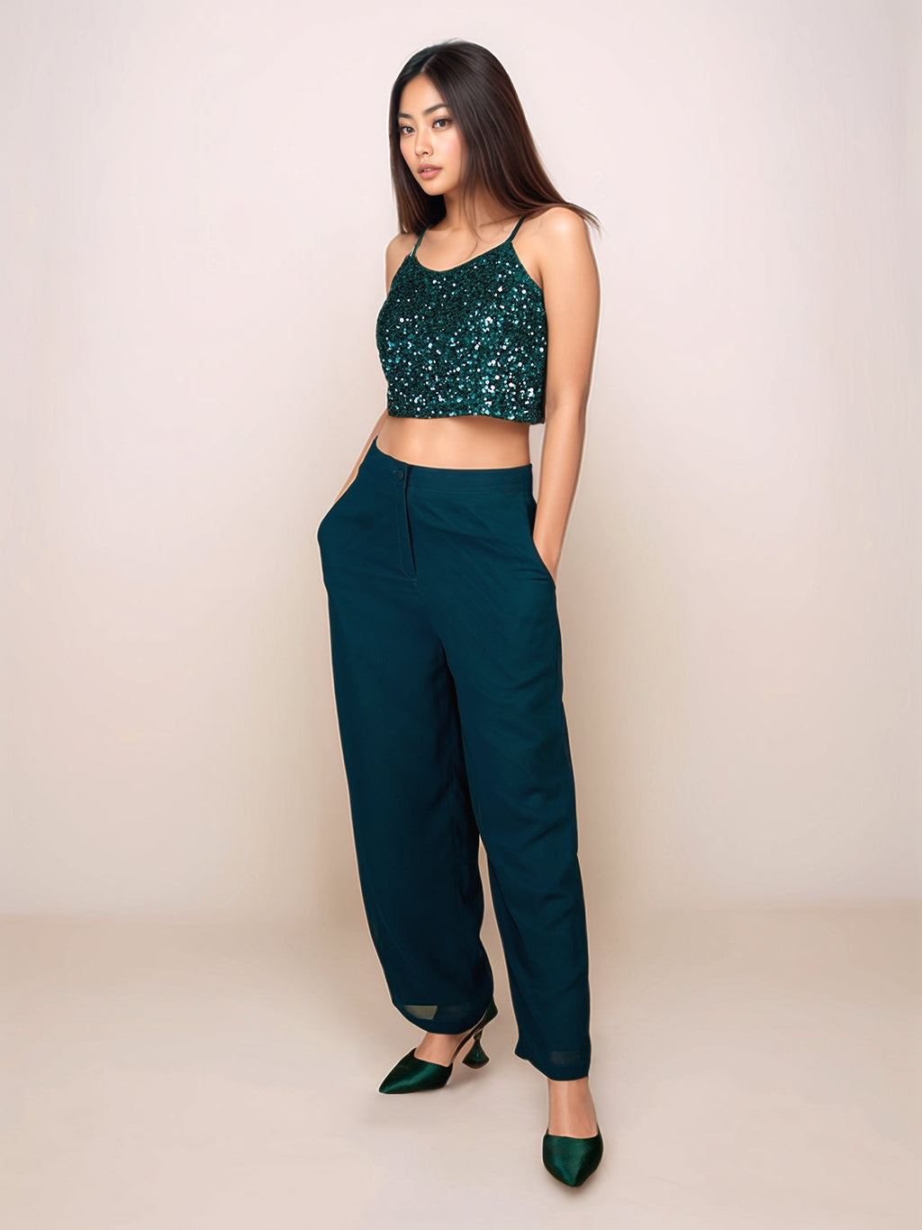 Green Solid High Waist Trouser