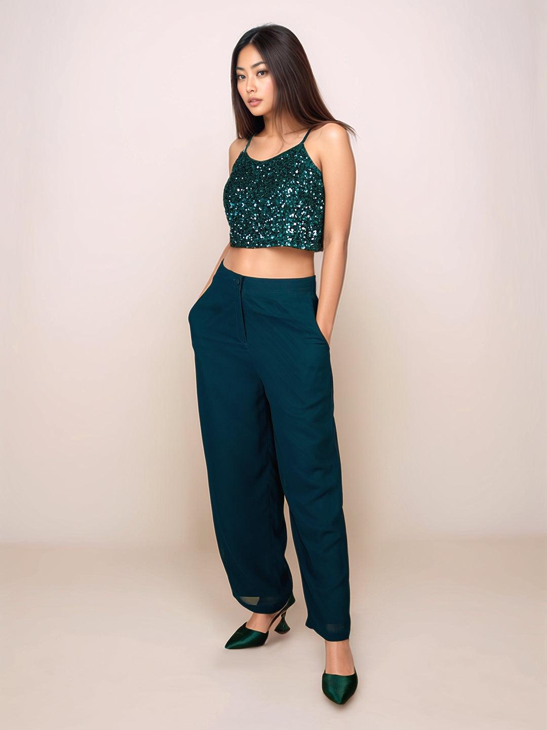 Green Solid High Waist Trouser