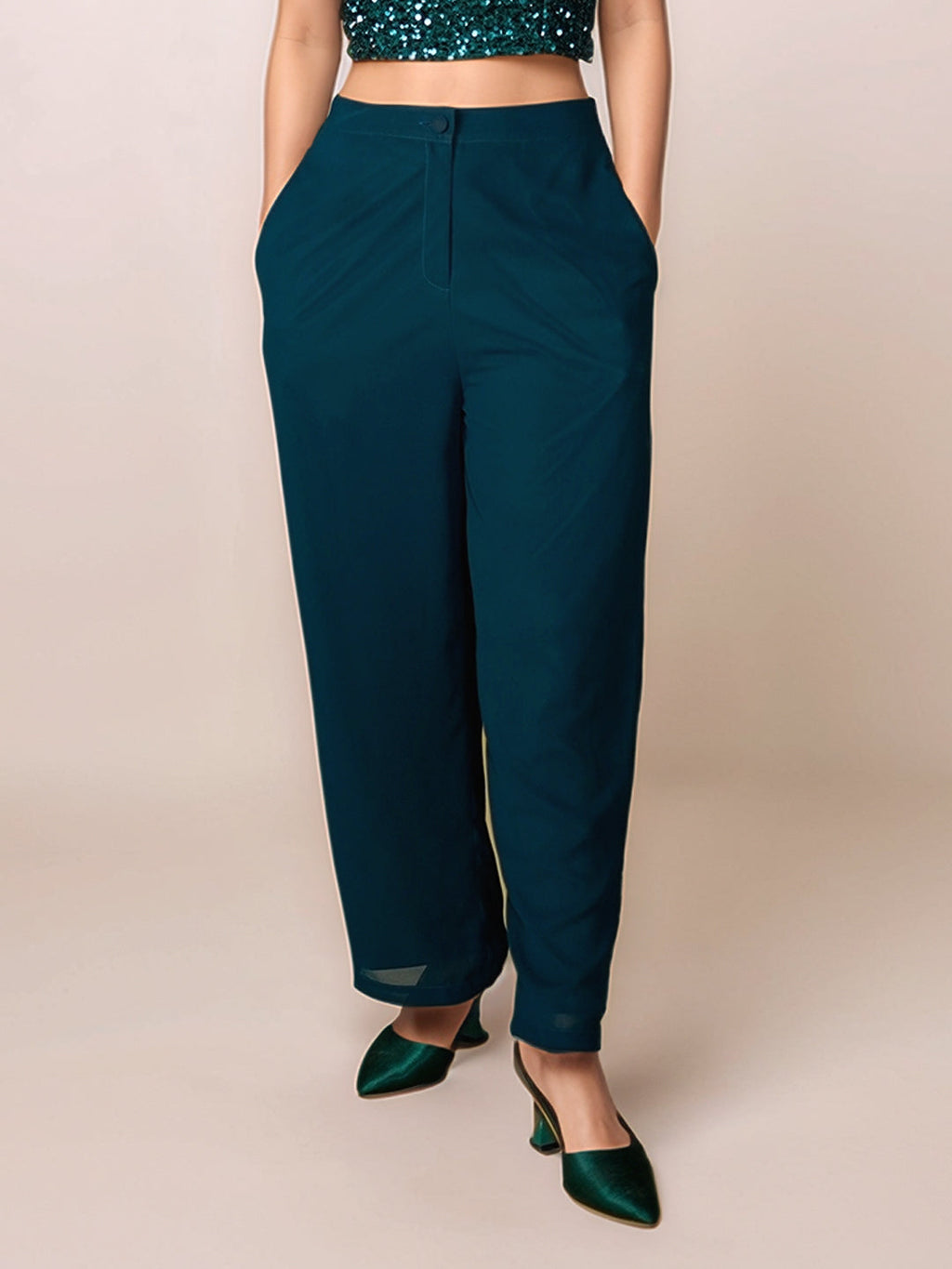 Green Solid High Waist Trouser