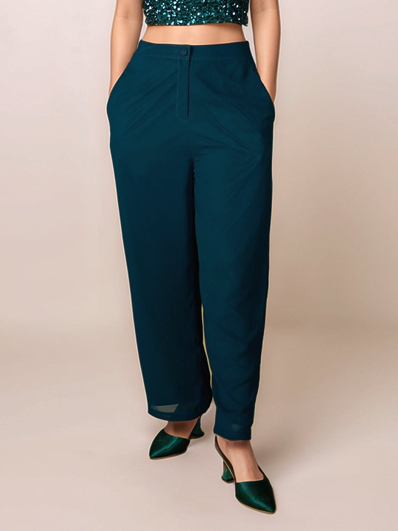 Green Solid High Waist Trouser