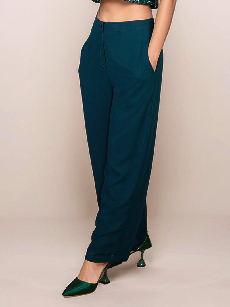 Green Solid High Waist Trouser