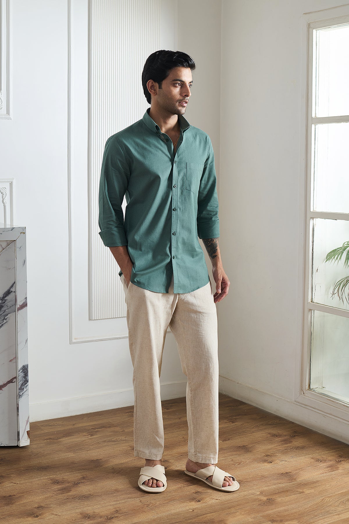 Moss Green Cotton Linen Shirt - Regular fit