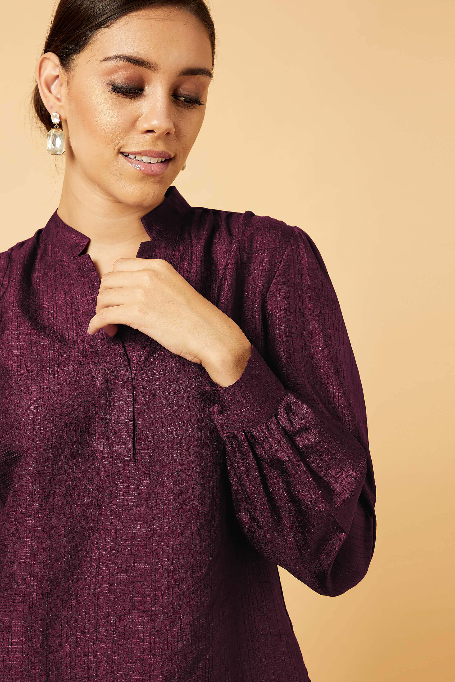 Falsa Stand Collar Tunic - Burgundy