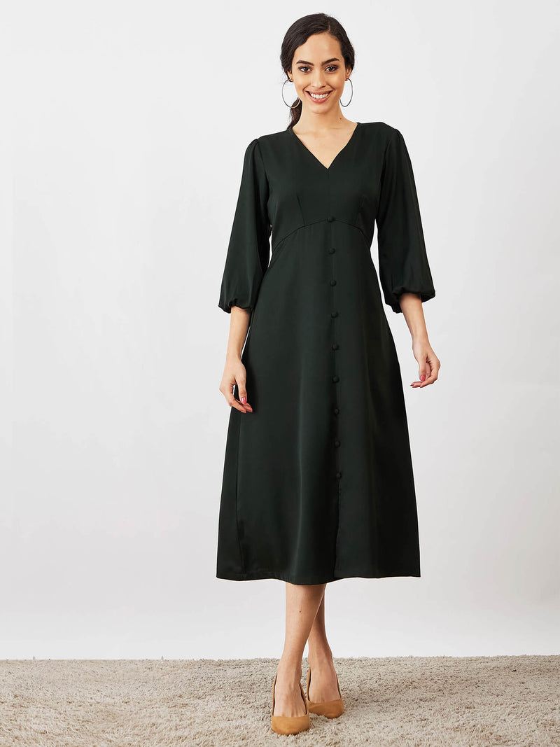 Mintini Faux Button Midi Dress - Olive Green