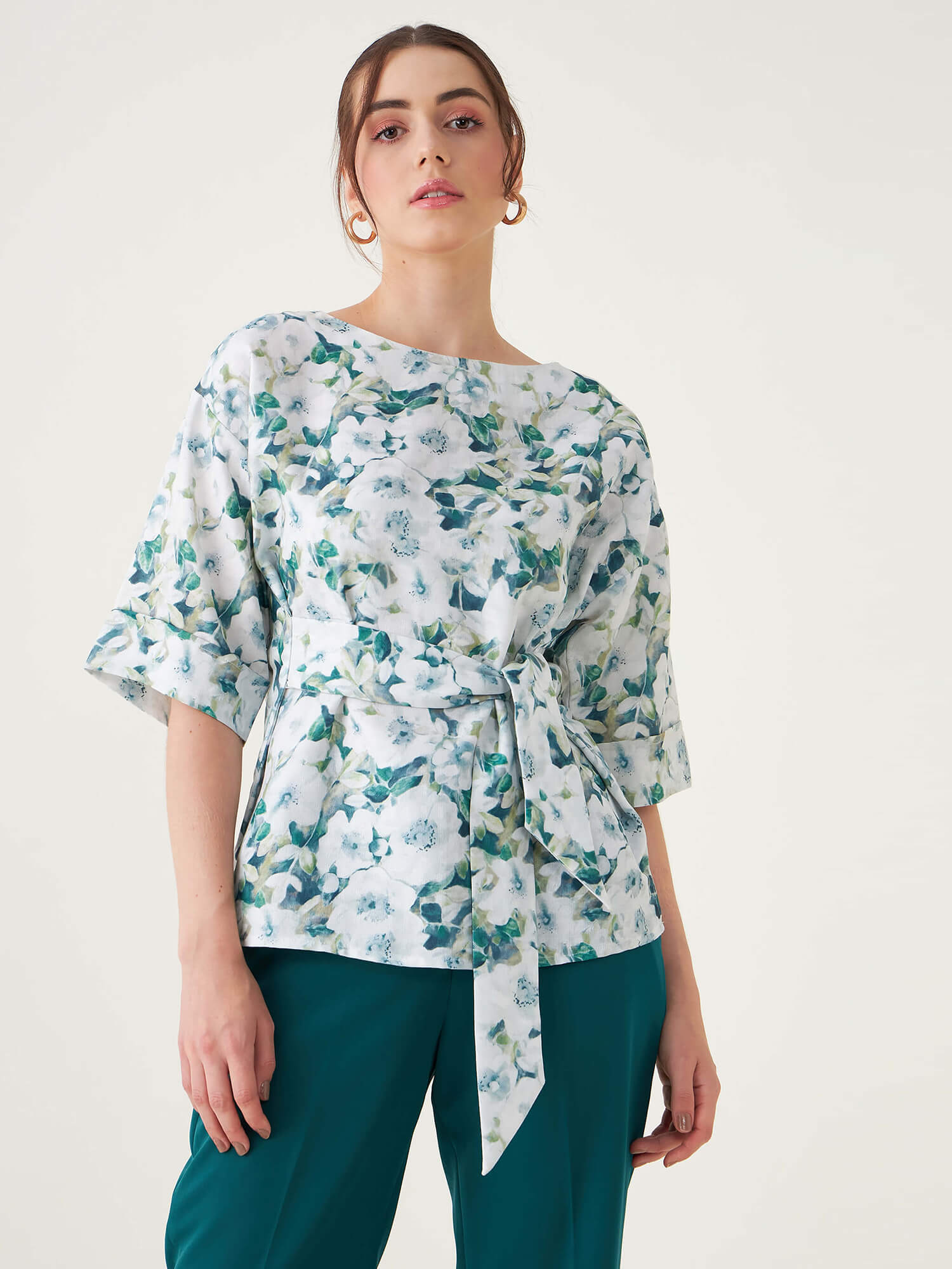 Pixie Floral Belted Top - Green/White