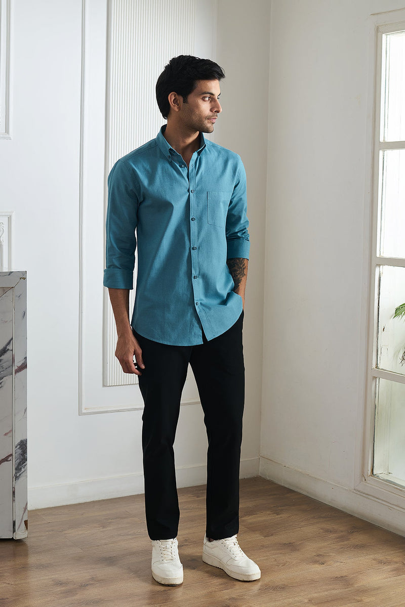 Sea Blue Cotton Linen Shirt - Regular fit