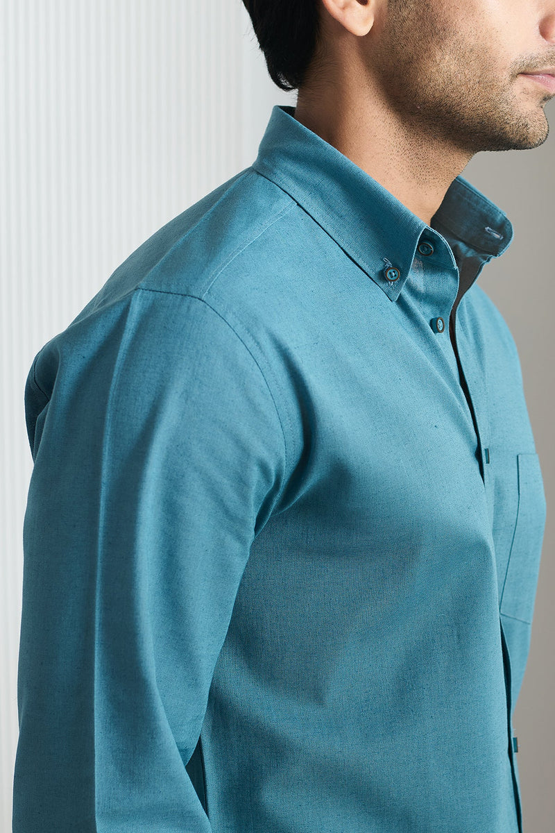 Sea Blue Cotton Linen Shirt - Regular fit