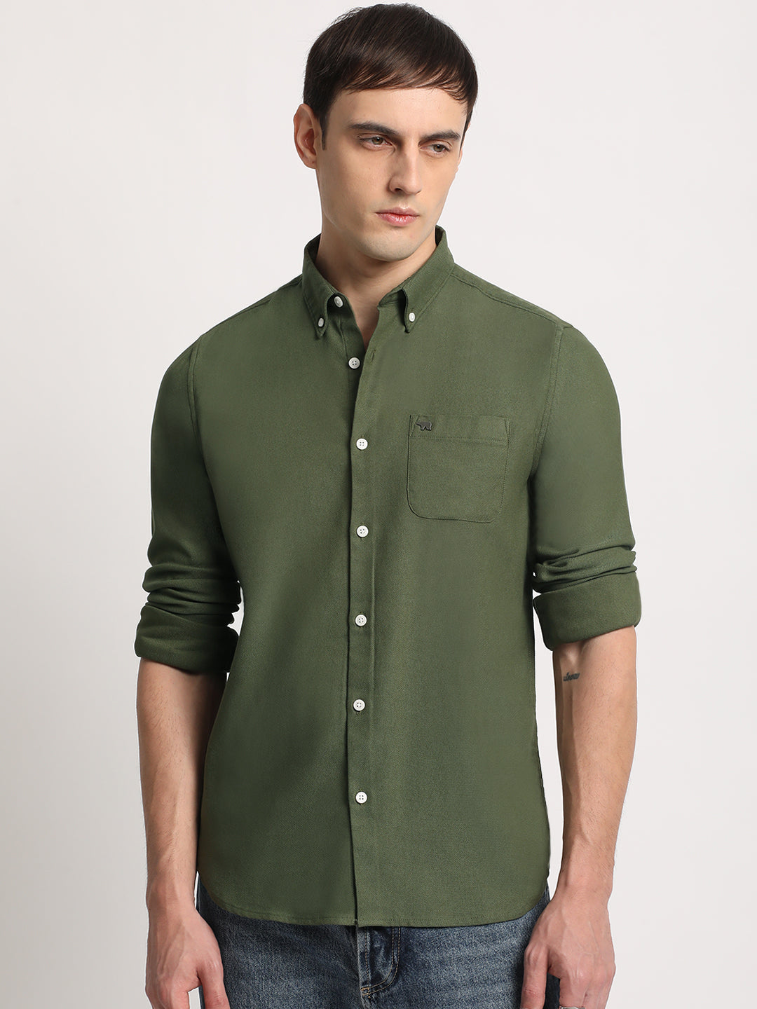 Limar - Men Green Solid Slim Fit Cotton Casual Shirt