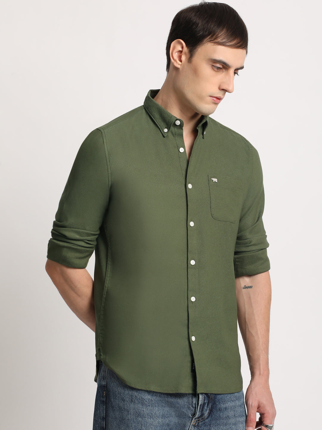 Limar - Men Green Solid Slim Fit Cotton Casual Shirt