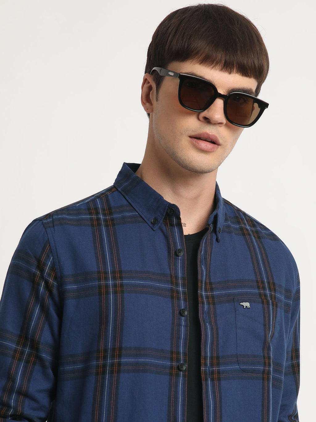 Zip - Men Blue Checked Slim Fit Cotton Casual Shirt