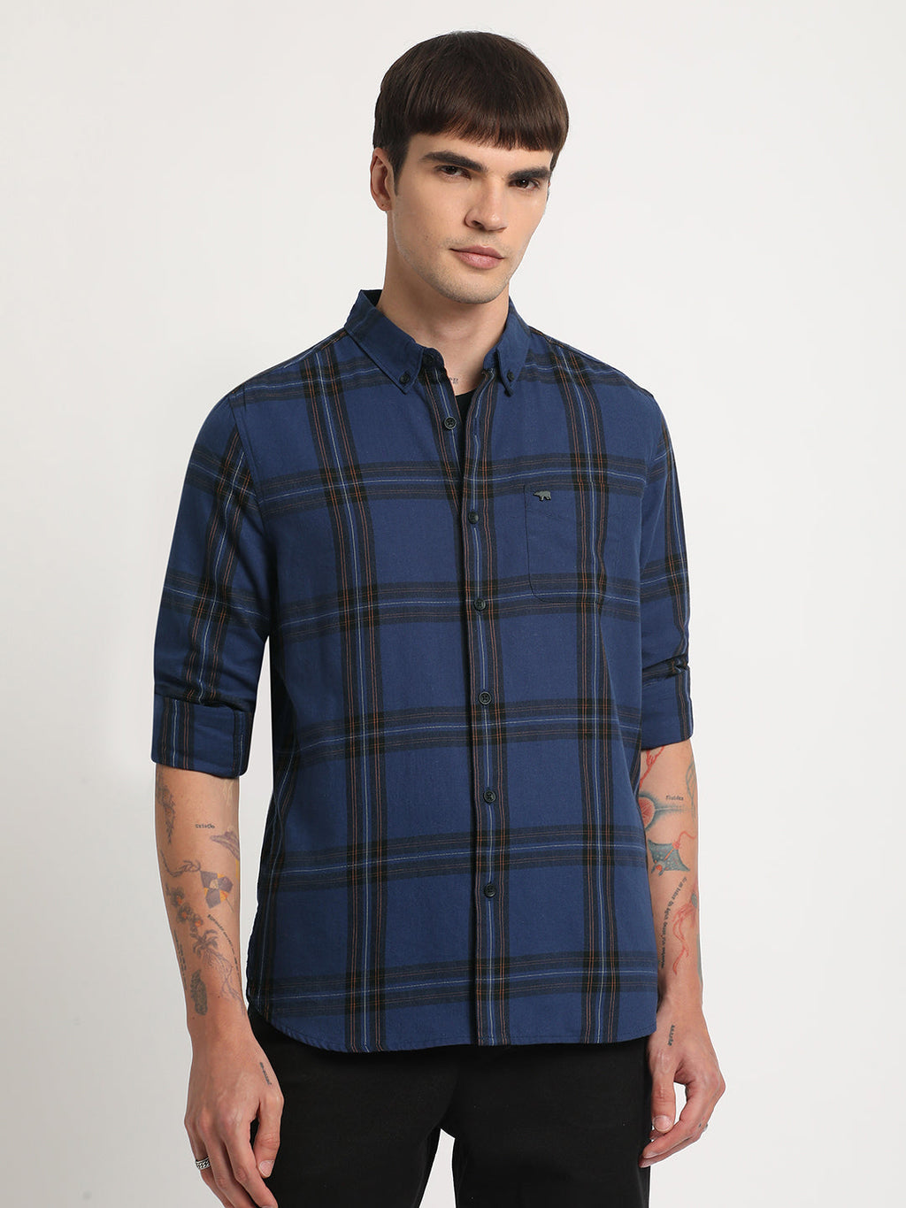 Zip - Men Blue Checked Slim Fit Cotton Casual Shirt