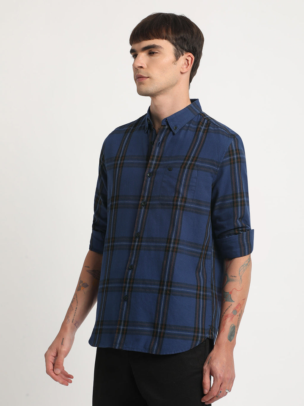Zip - Men Blue Checked Slim Fit Cotton Casual Shirt