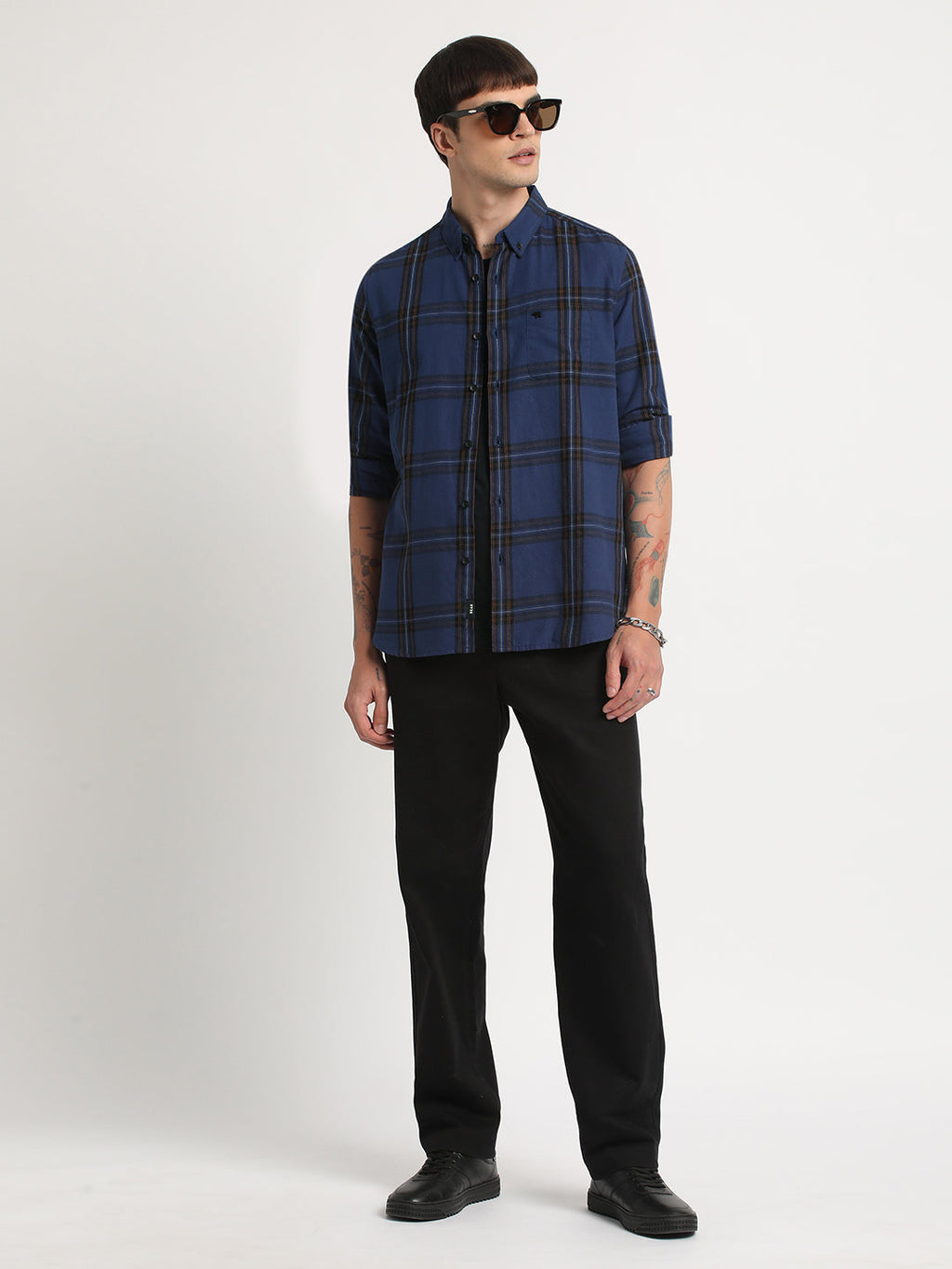 Zip - Men Blue Checked Slim Fit Cotton Casual Shirt