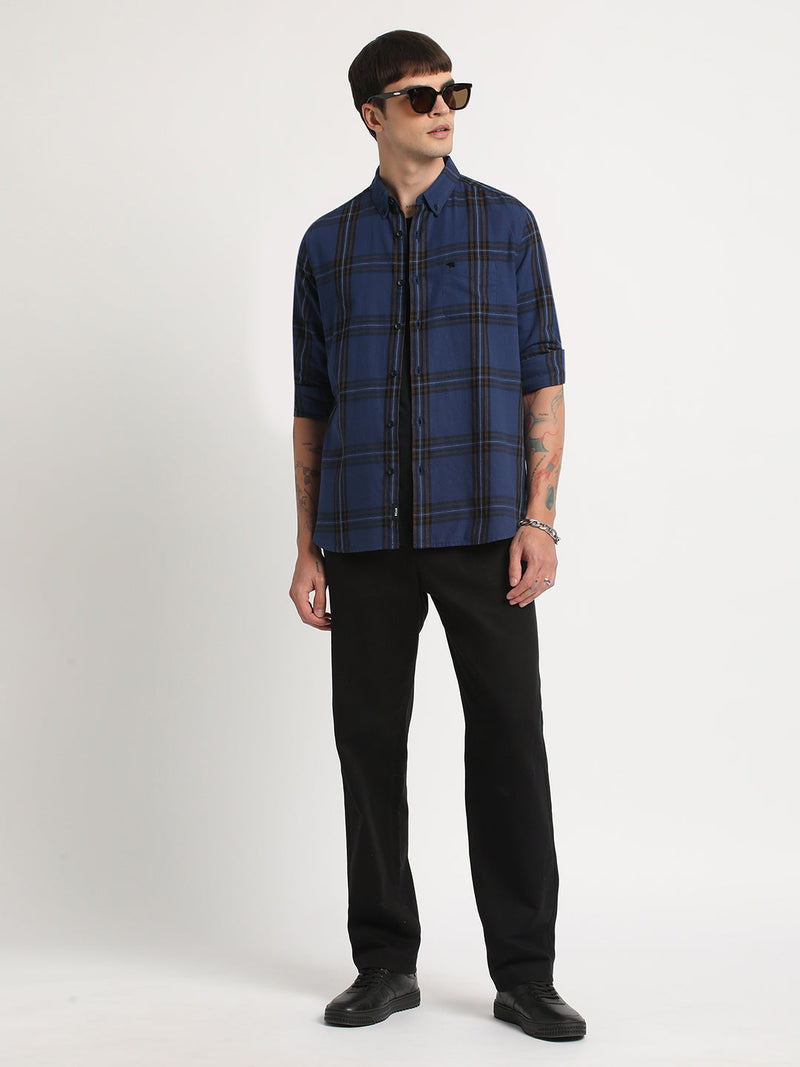 Zip - Men Blue Checked Slim Fit Cotton Casual Shirt