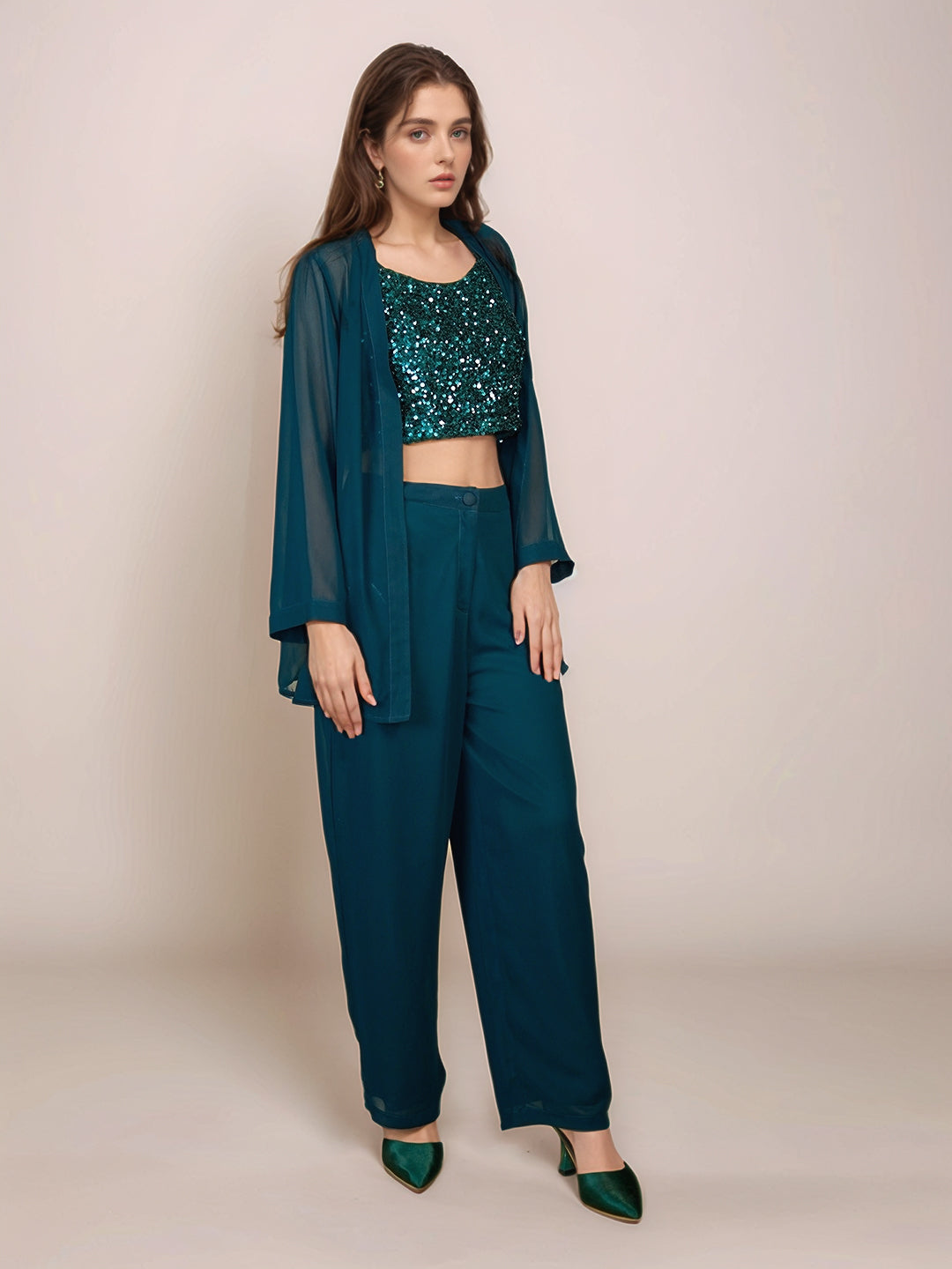 Green Solid Full Sleeves Shrug