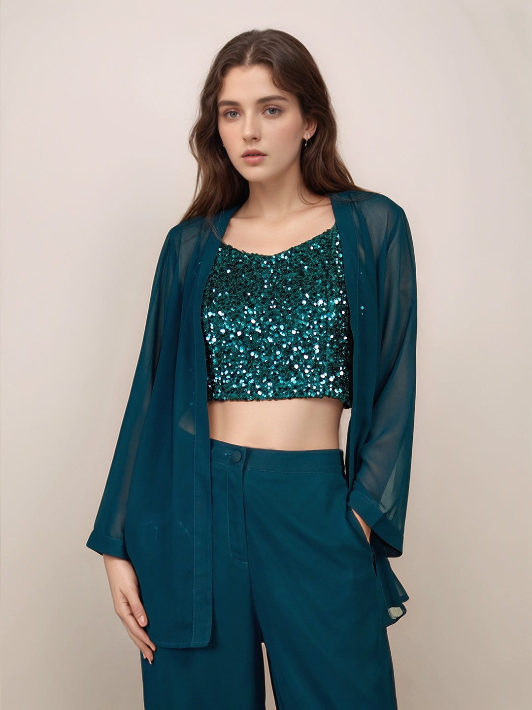 Green Solid Full Sleeves Shrug
