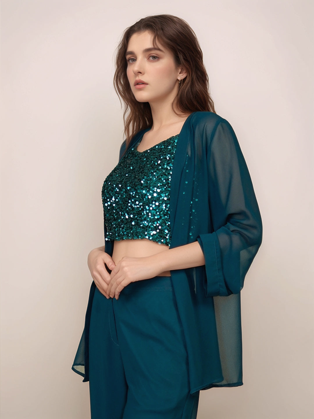 Green Solid Full Sleeves Shrug