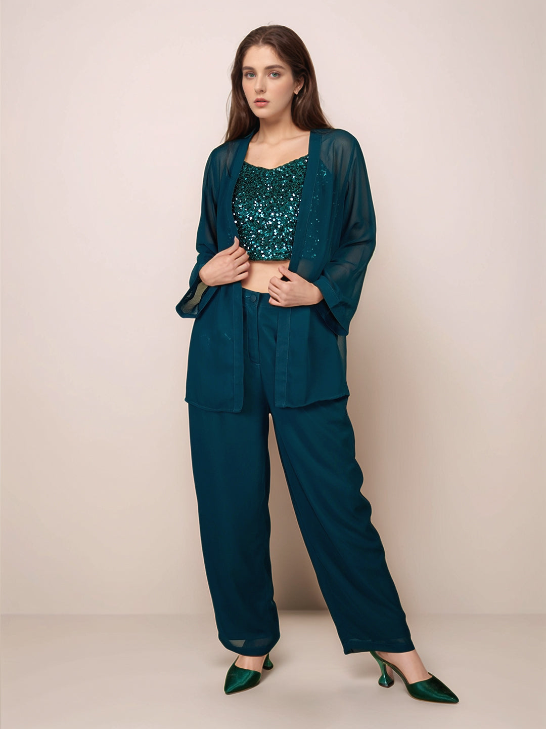 Green Solid Full Sleeves Shrug