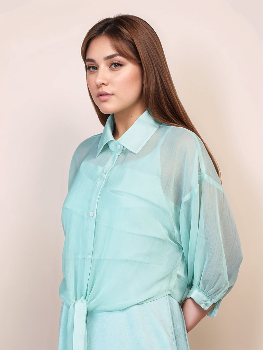 Mint Colored Solid Relaxed Fit Shrug