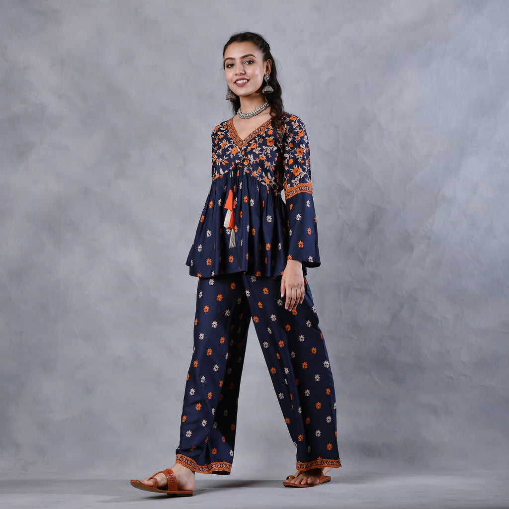 Deep Blue Floral Gathered Top Pant Co-ord Set with Tassels & Bell Sleeves