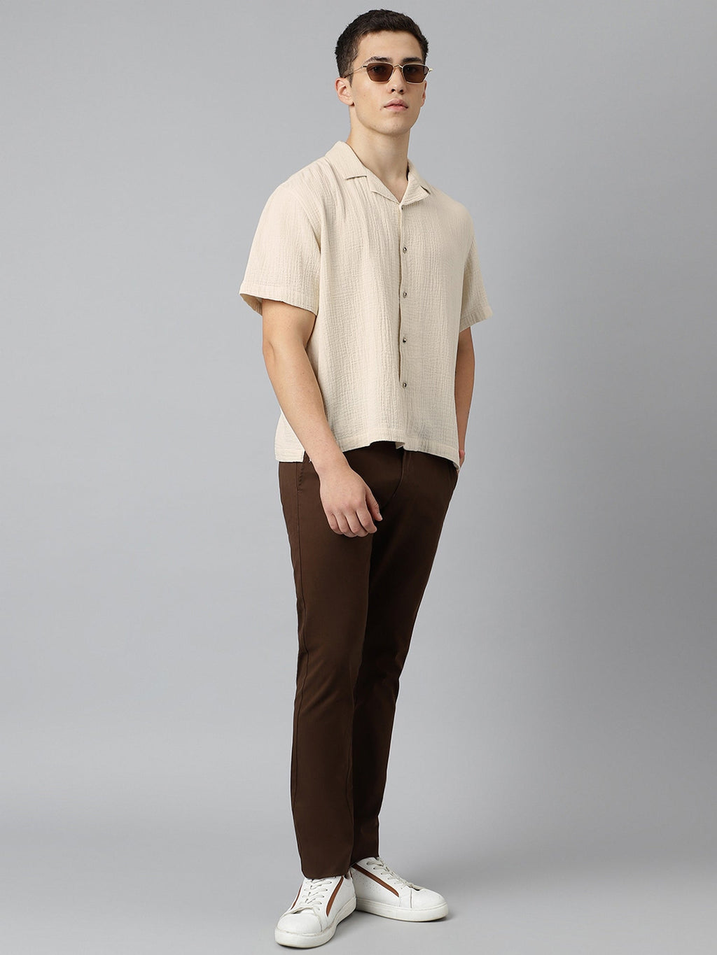 Cuban Collar Half Sleeve Casual Shirt in Beige - Comfort Fit