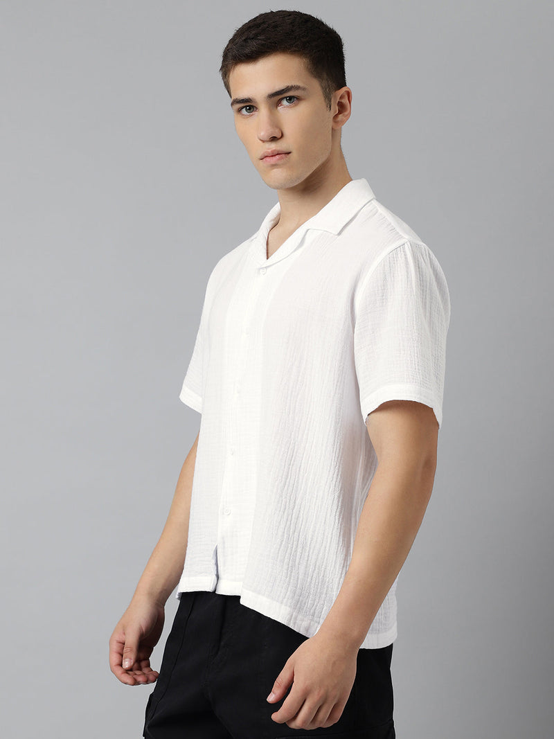 Cuban Collar Half Sleeve Casual Shirt in White - Comfort Fit