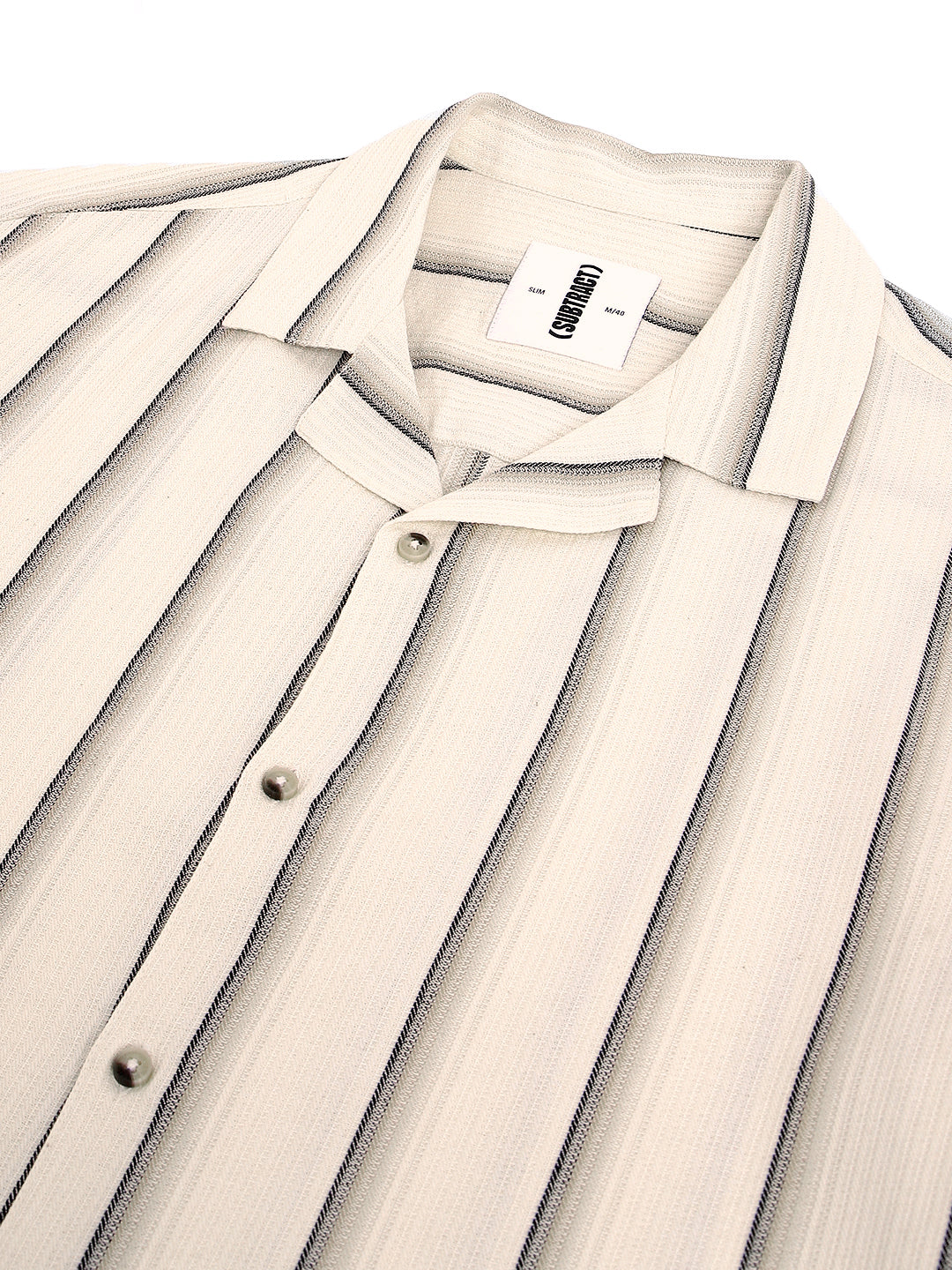 Cuban Collar Half Sleeve Striped Shirt in Beige/Black - Comfort Fit