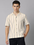 Cuban Collar Half Sleeve Striped Shirt in Beige/Blue - Comfort Fit