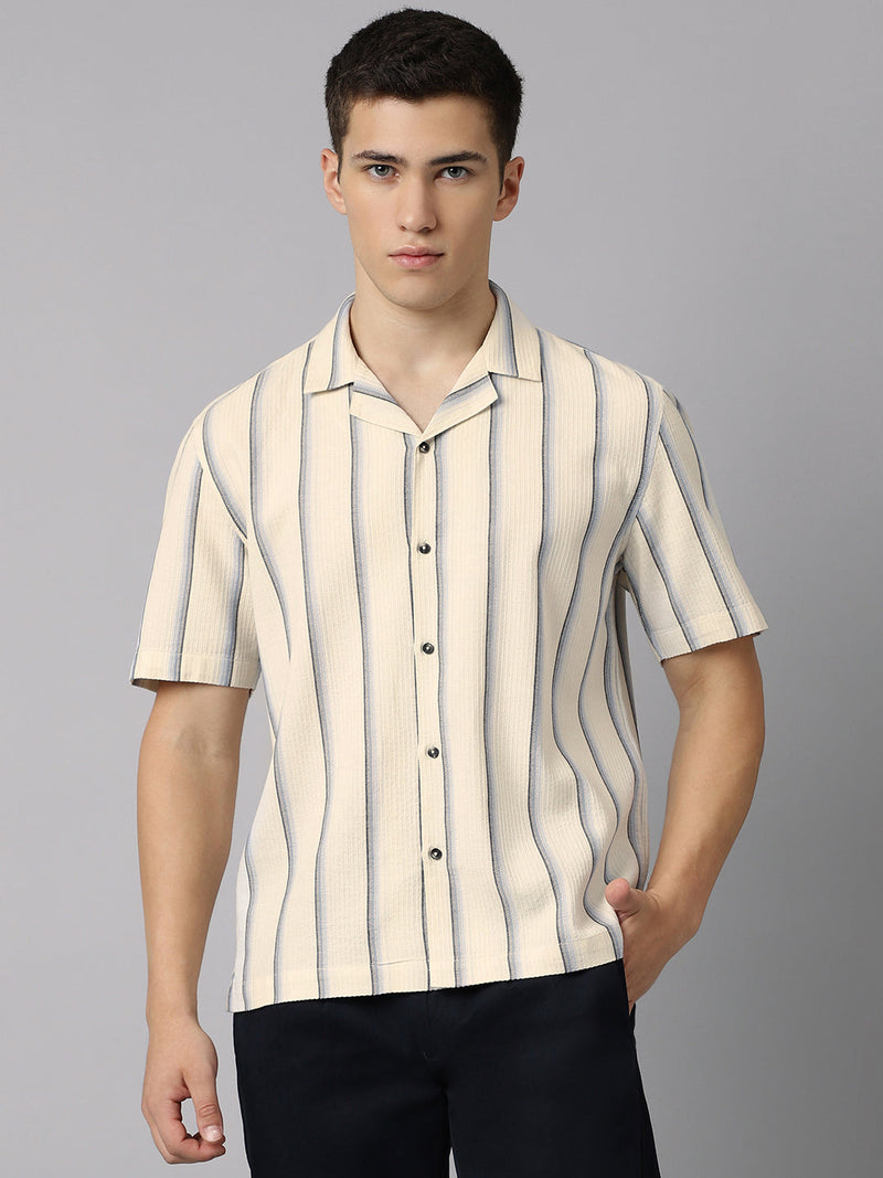 Cuban Collar Half Sleeve Striped Shirt in Beige/Blue - Comfort Fit