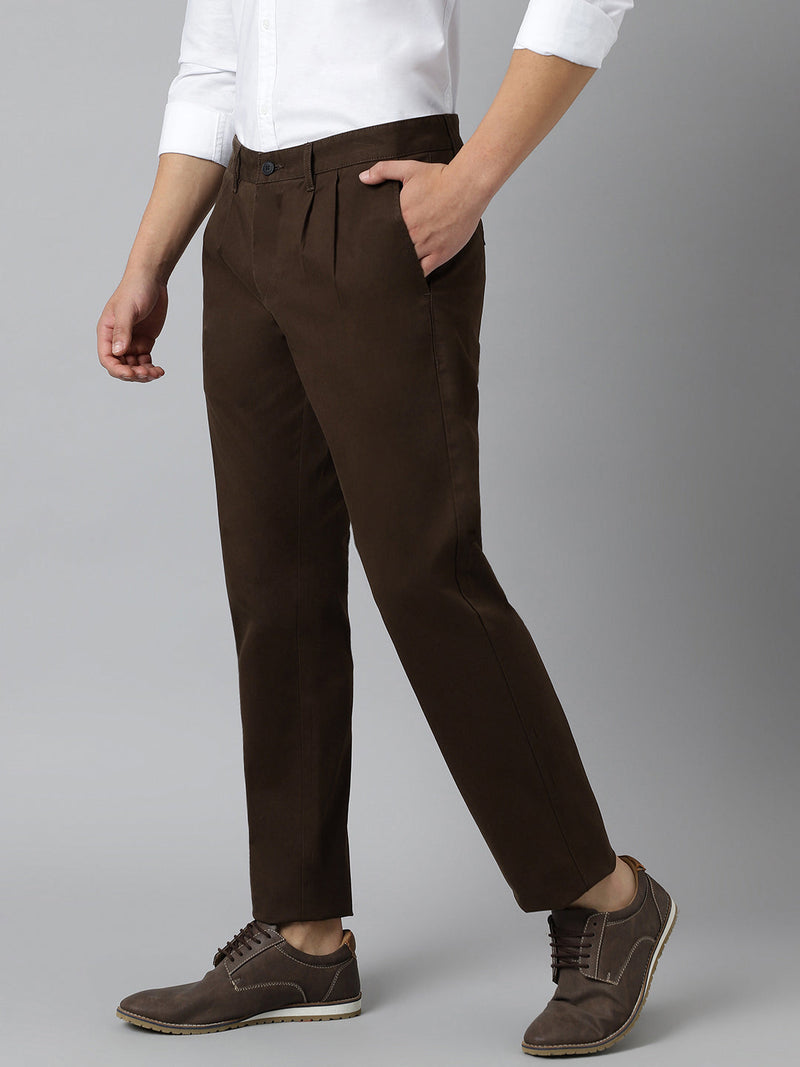 2 Way Stretch Pleated Chinos in Chocolate Brown- Comfort Fit