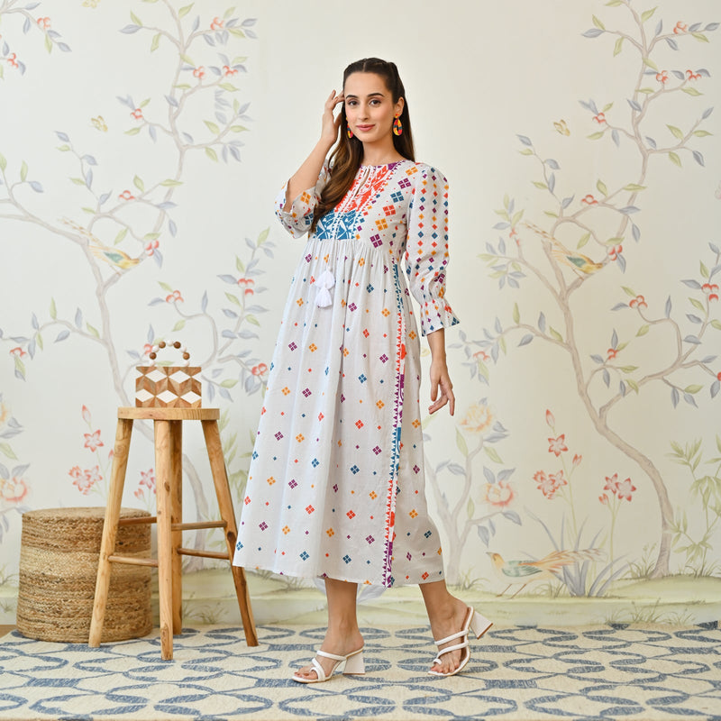 Off White Jamdani Inspired Cotton Dress with Front Tie Up Detail