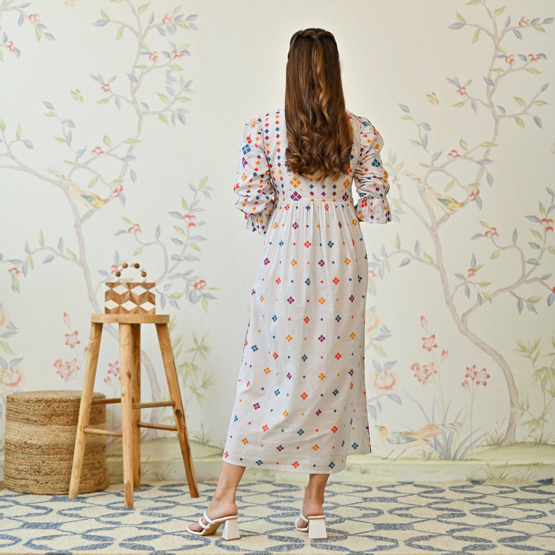 Off White Jamdani Inspired Cotton Dress with Front Tie Up Detail