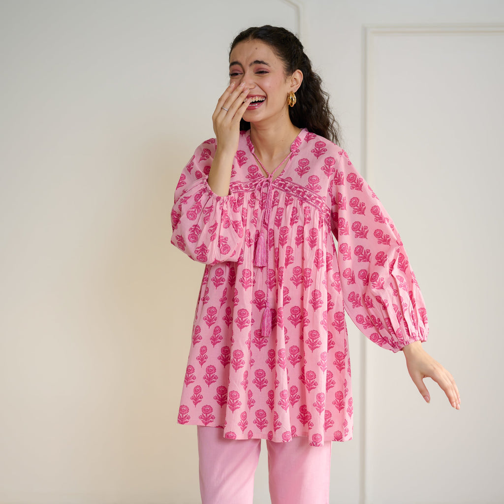 Blossom Sanganeri Inspired Co-ord Set with Tie-up Neckline - Baby Pink