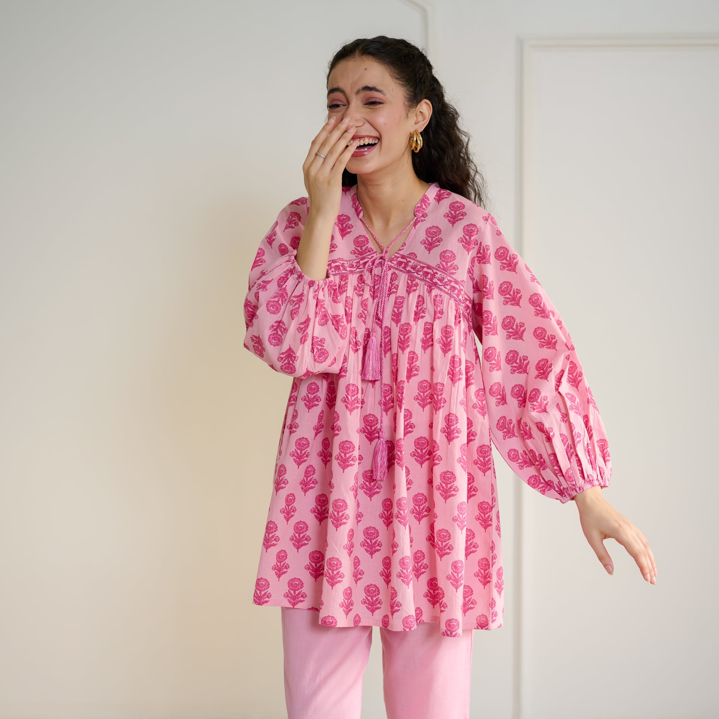 Blossom Sanganeri Inspired Co-ord Set with Tie-up Neckline - Baby Pink