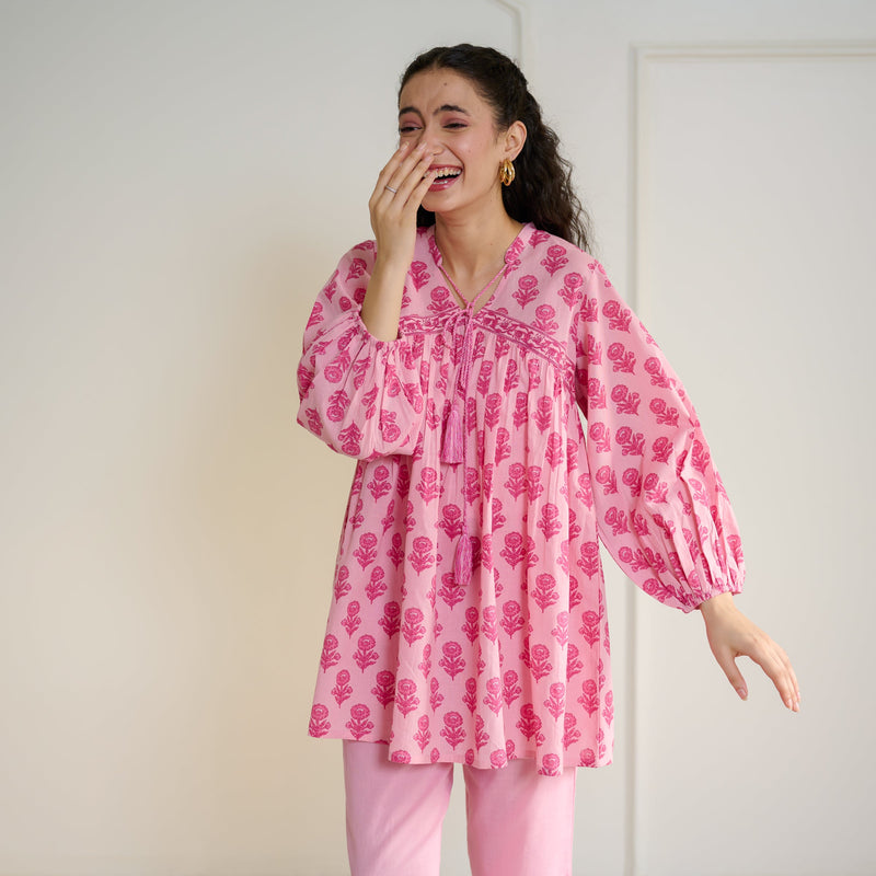 Blossom Sanganeri Inspired Co-ord Set with Tie-up Neckline - Baby Pink