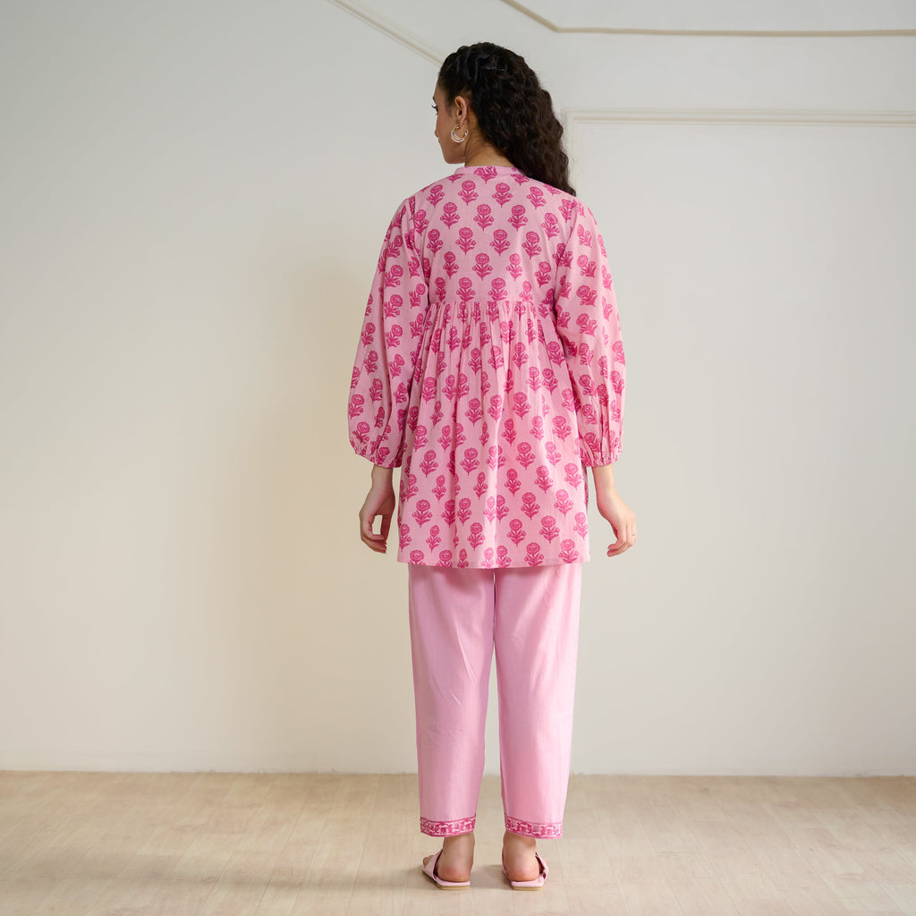Blossom Sanganeri Inspired Co-ord Set with Tie-up Neckline - Baby Pink