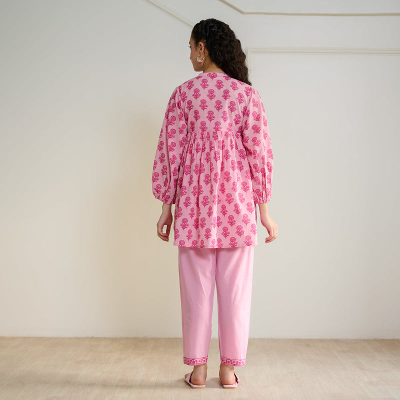 Blossom Sanganeri Inspired Co-ord Set with Tie-up Neckline - Baby Pink