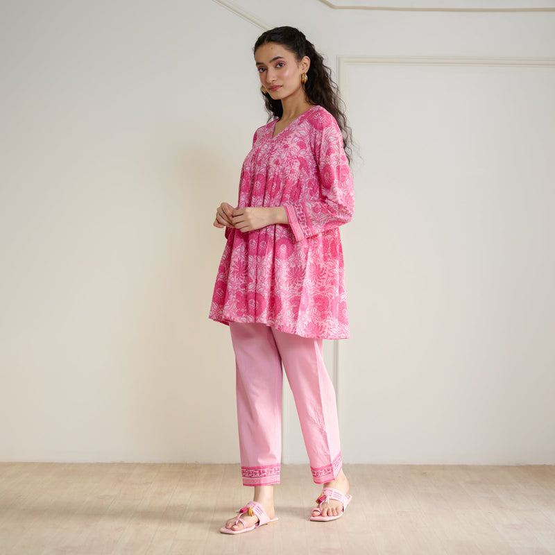 Blossom Sanganeri Inspired Co-ord Set with Tie-up Neckline - Baby Pink