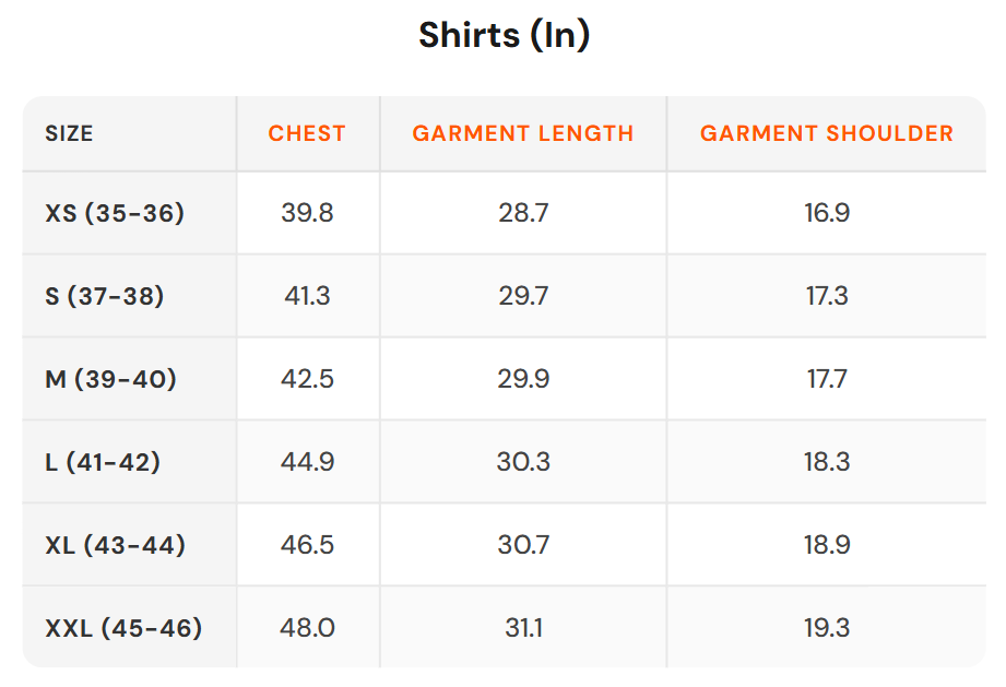 Size chart - BEYOURS|Men's Topwear Shirts