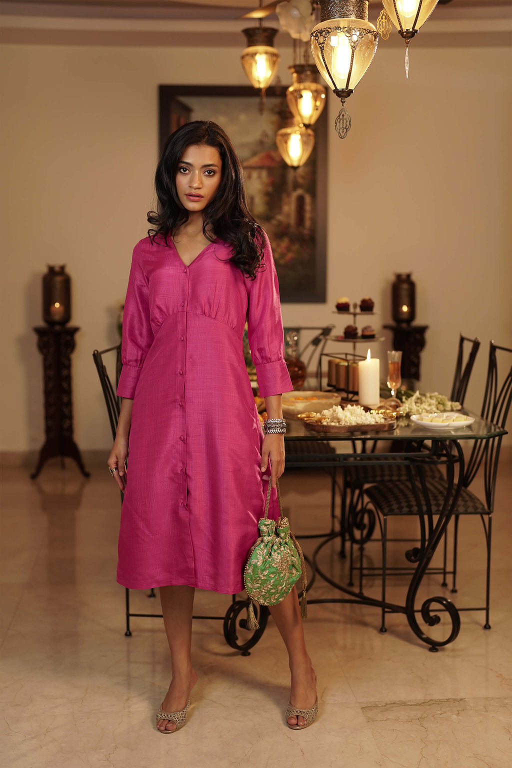 Anaari Button Down Dress - Bright Pink