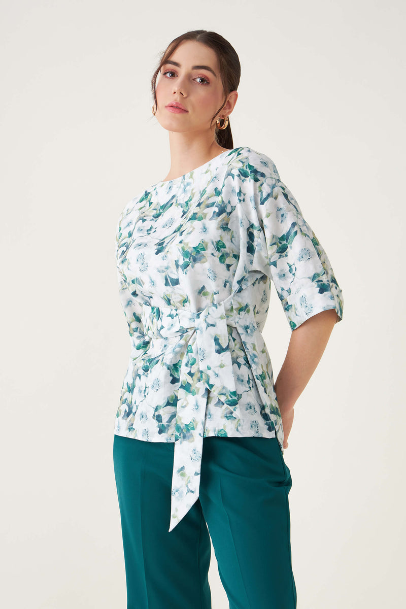 Pixie Floral Belted Top - Green/White